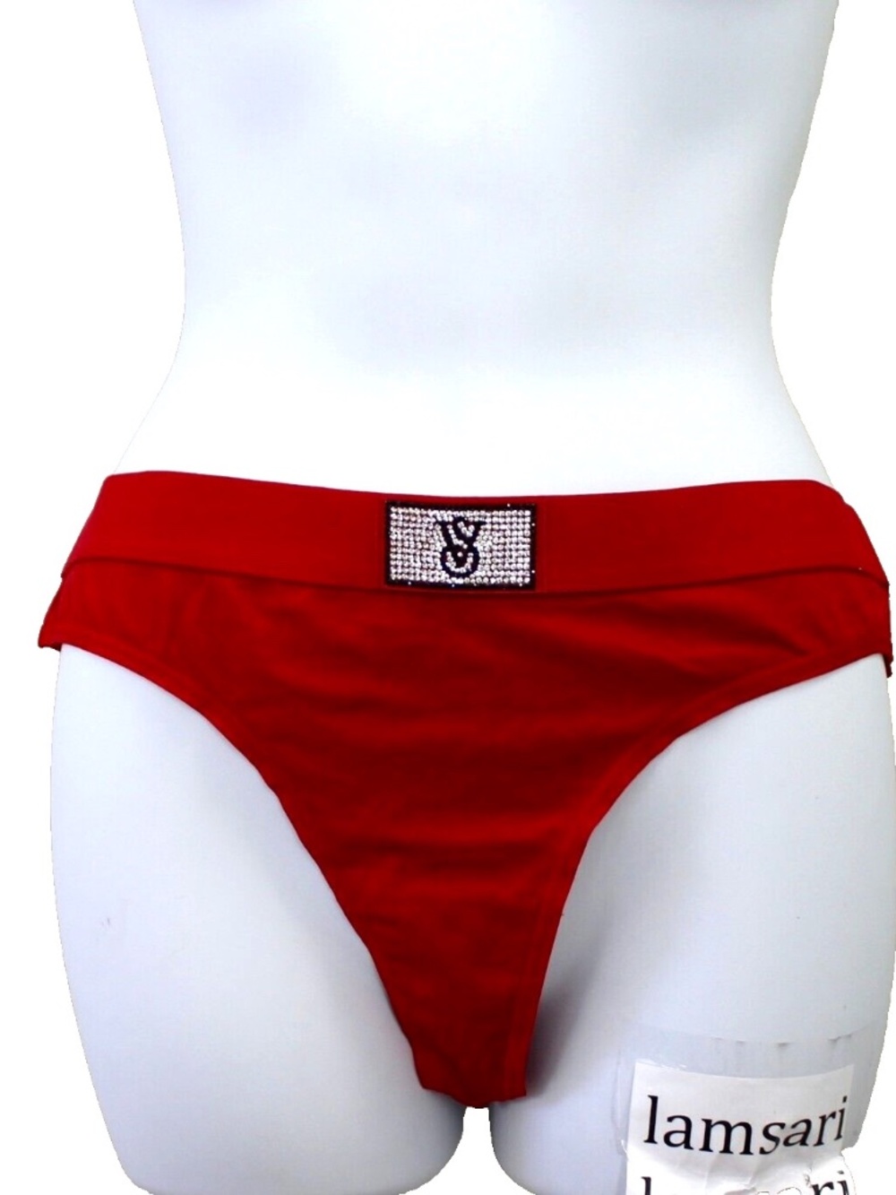 Victoria's Secret Rhinestone Shine Logo Cotton Thong String Panty Size L Red